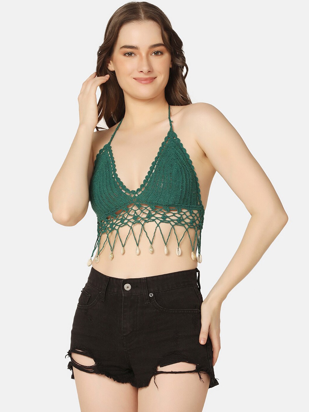 

Da Intimo Green Self Design Halter Neck Triangle Cups Swimwear Top