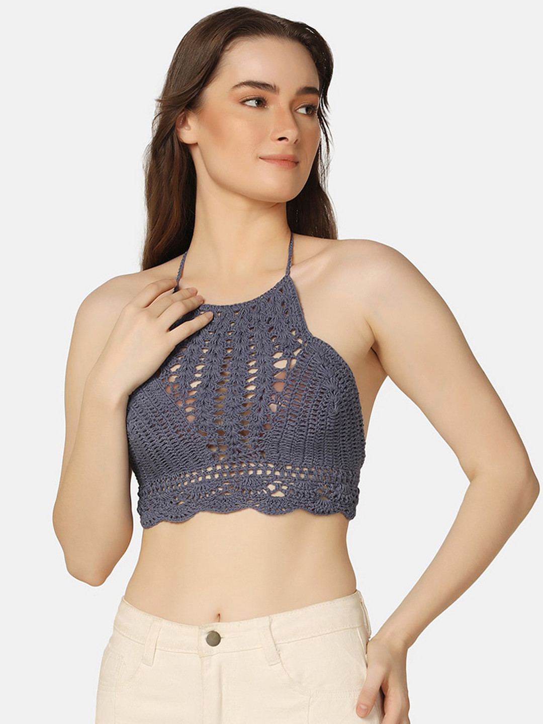 

Da Intimo Crochet Halter Neck Swim Bralette Cover Up Crop Top, Grey