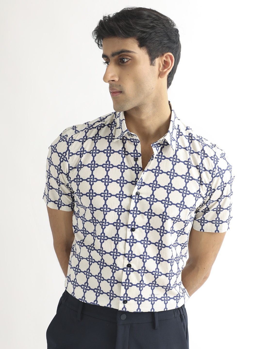 

RARE RABBIT Men Lonzo Slim Fit Geometric Printed Cotton Shirt, Off white