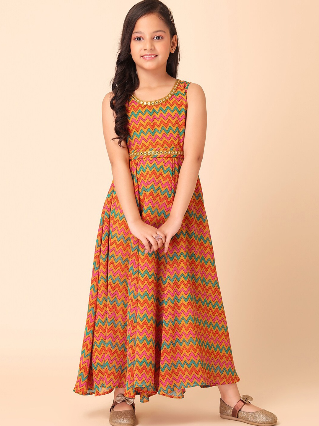 

Miss Indya Girls Chevron Printed Mirror Work Round Neck Maxi Ethnic Dress, Orange