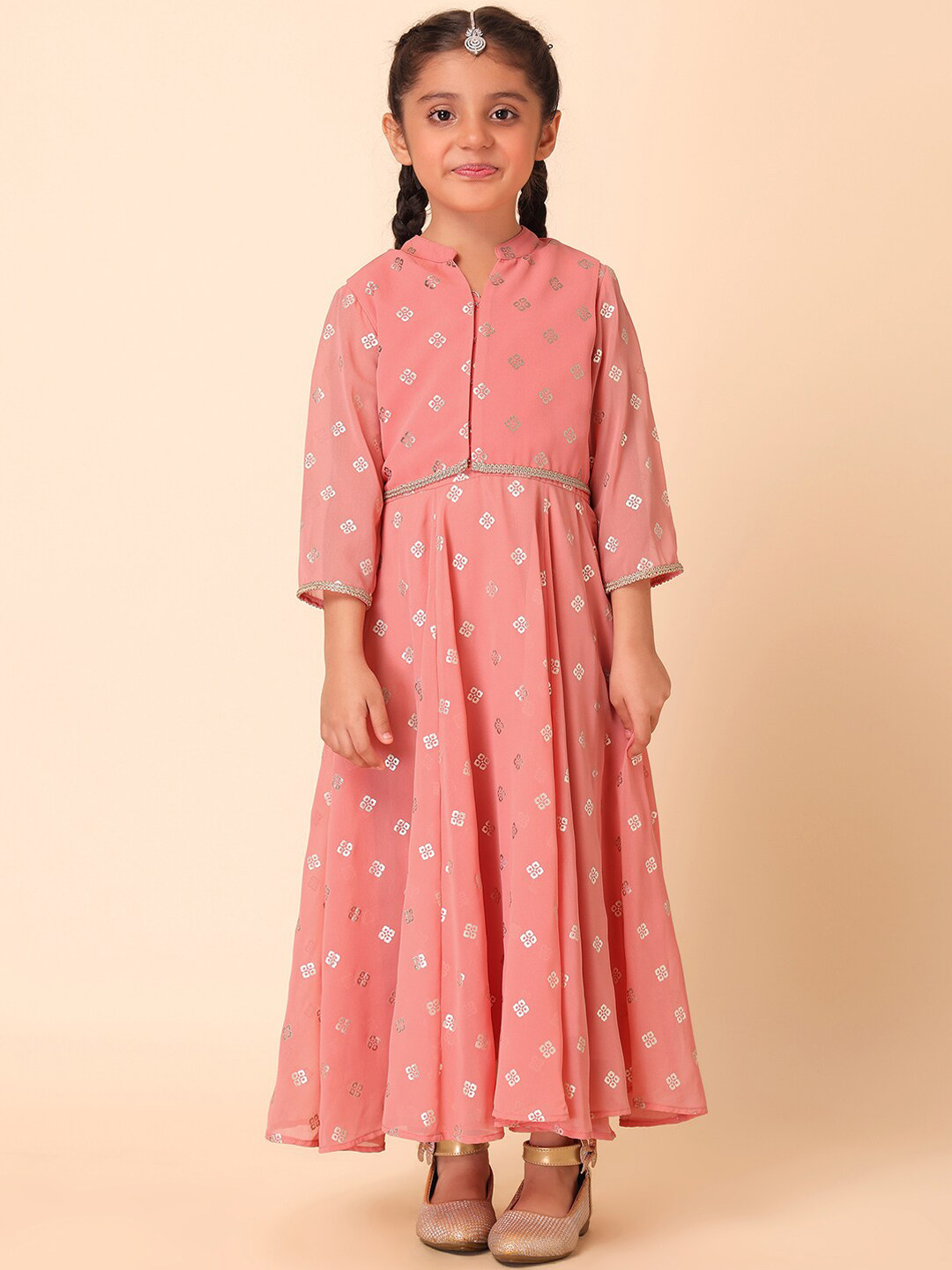 

Miss Indya Ethnic Motifs Printed Mandarin Collar Ethnic Dress With Short Jacket, Peach