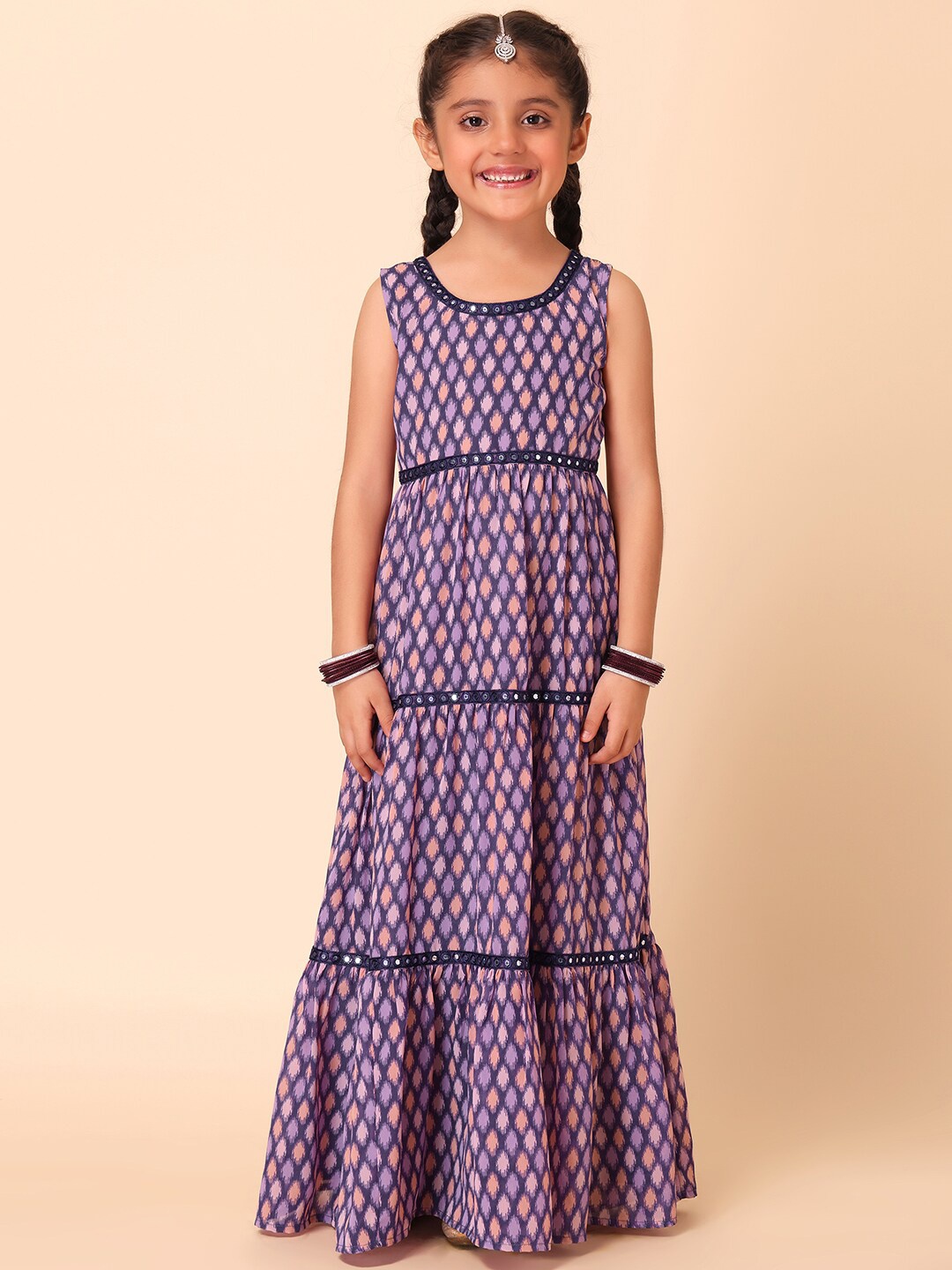 

Miss Indya Girls Ikat Printed Tiered Mirror Work Ethnic Maxi Dress, Purple