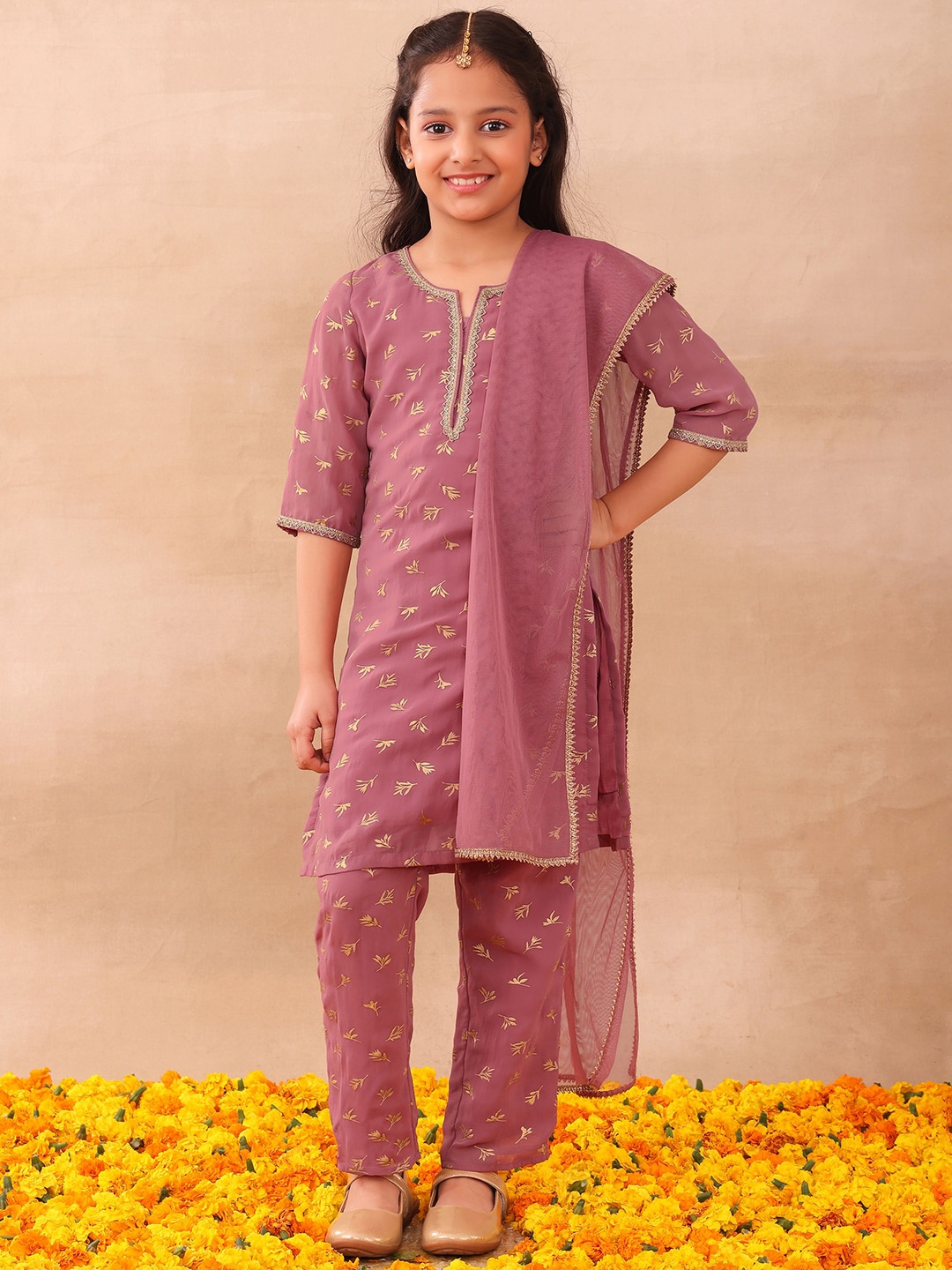 

Miss Indya Floral Printed Kurta with Trousers & Dupatta, Pink