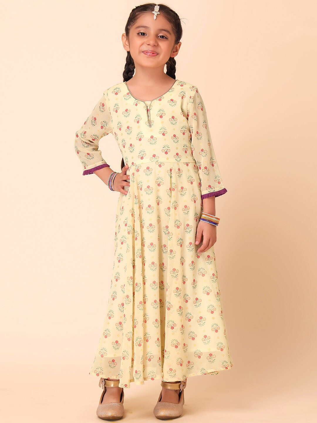

Miss Indya Girls Floral Printed Round Neck Fit & Flare Ethnic Maxi Dress, Cream