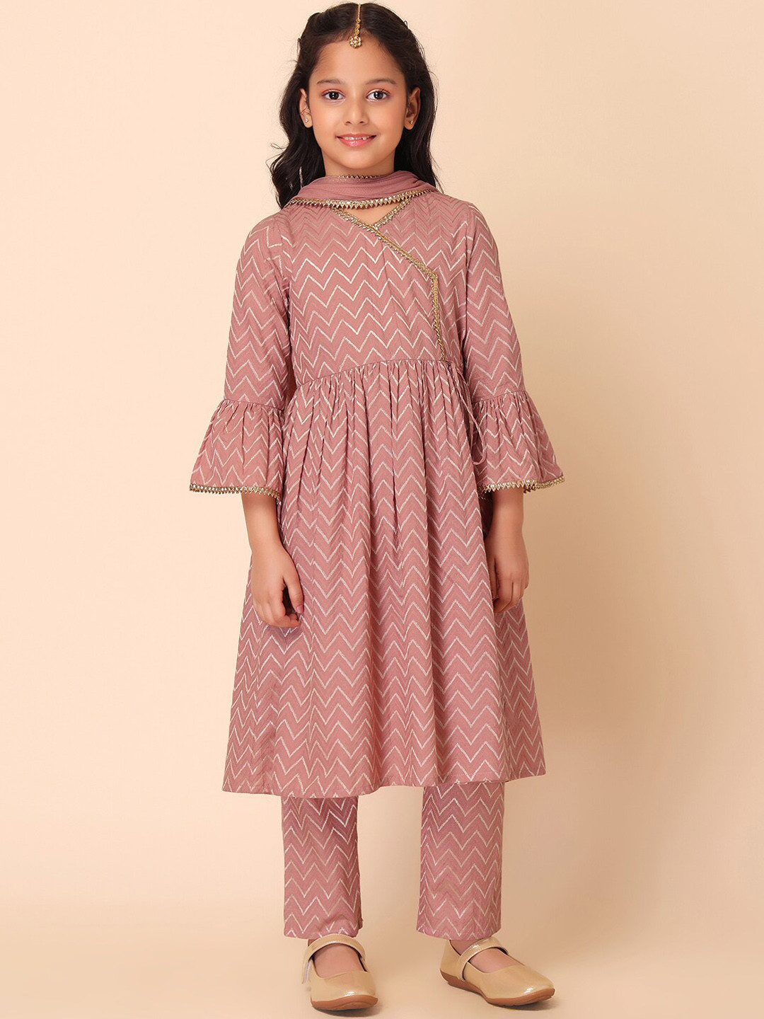 

Miss Indya Girls Printed Regular Gotta Patti Pure Cotton Kurta with Trousers & Dupatta, Pink