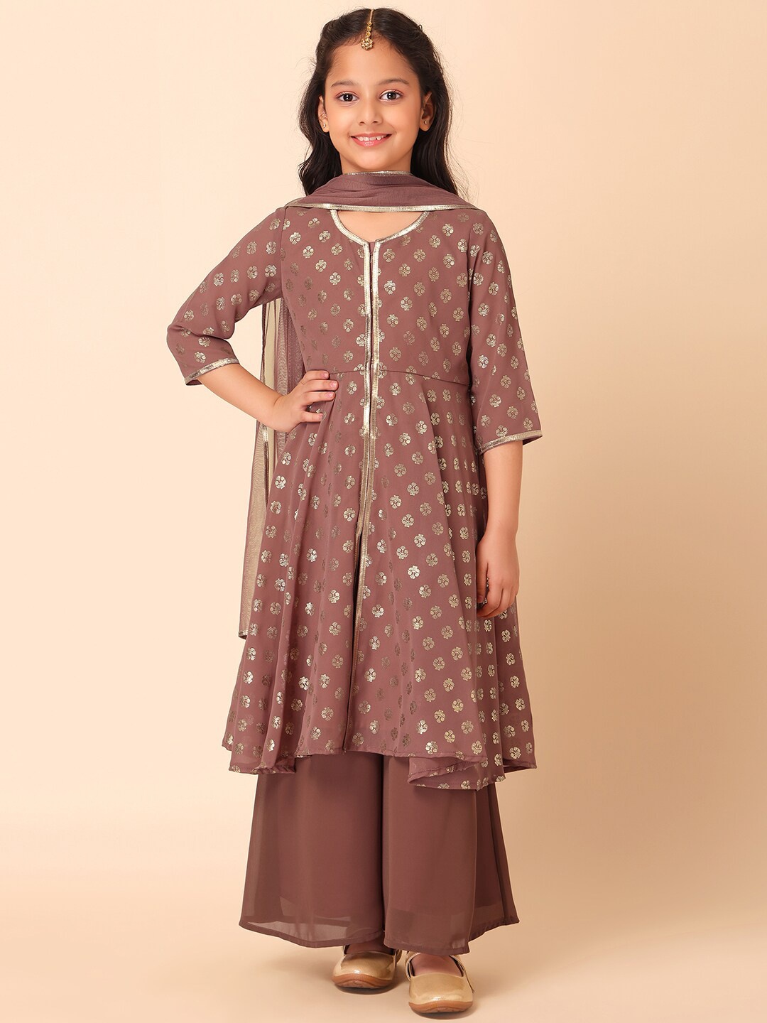 

Miss Indya Girls Ethnic Printed Regular Anarkali Kurta with Sharara & With Dupatta, Brown