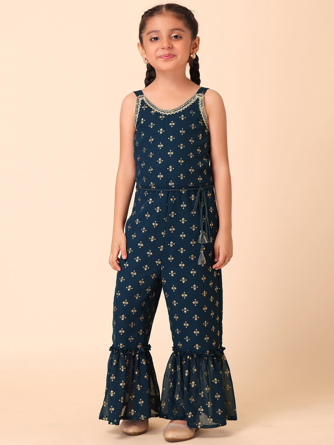 

Miss Indya Girls Ethnic Motifs Printed Embellished Basic Jumpsuit With Dori Belt, Blue