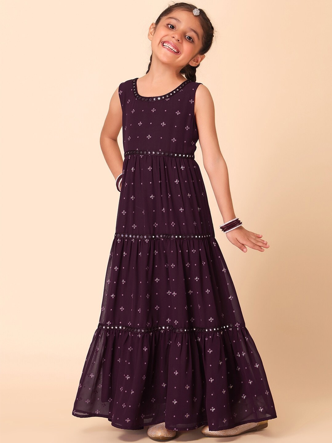 

Miss Indya Girls Ethnic Printed Tiered Mirror Work Ethnic Maxi Dress, Purple