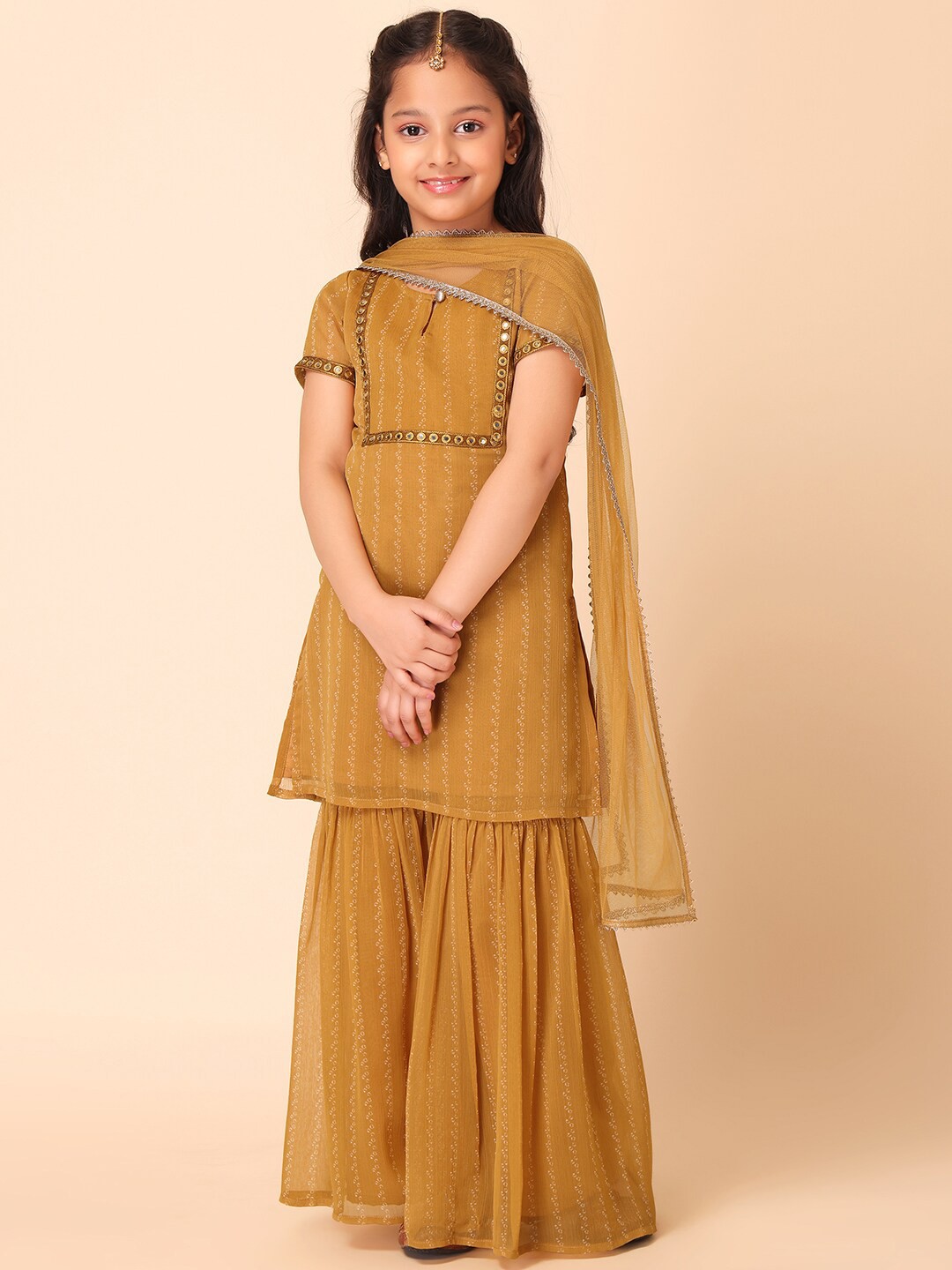 

Miss Indya Girls Geometric Printed Mirror Work Detail Kurta & Sharara With Dupatta, Yellow