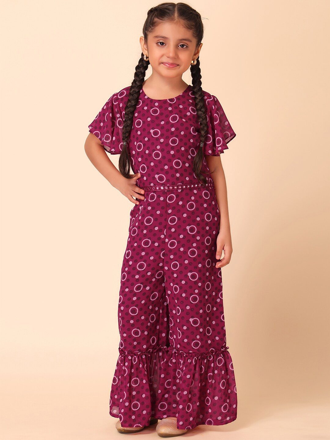 

Miss Indya Girls Polka Dot Printed Jumpsuit With Dori Belt, Pink