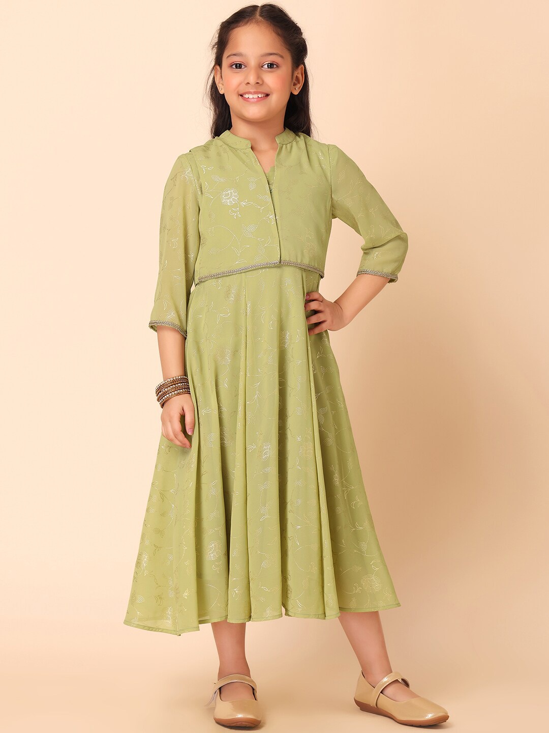 

Miss Indya Girls Floral Printed Georgette Ethnic Dress With Jacket, Green