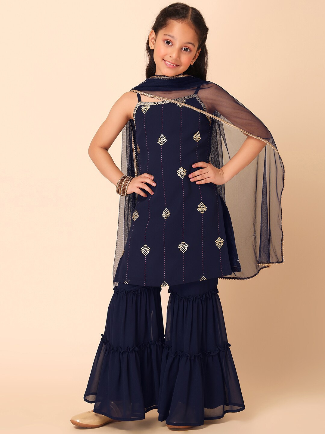 

Miss Indya Girls Ethnic Motifs Printed Kurta With Sharara & Dupatta, Blue