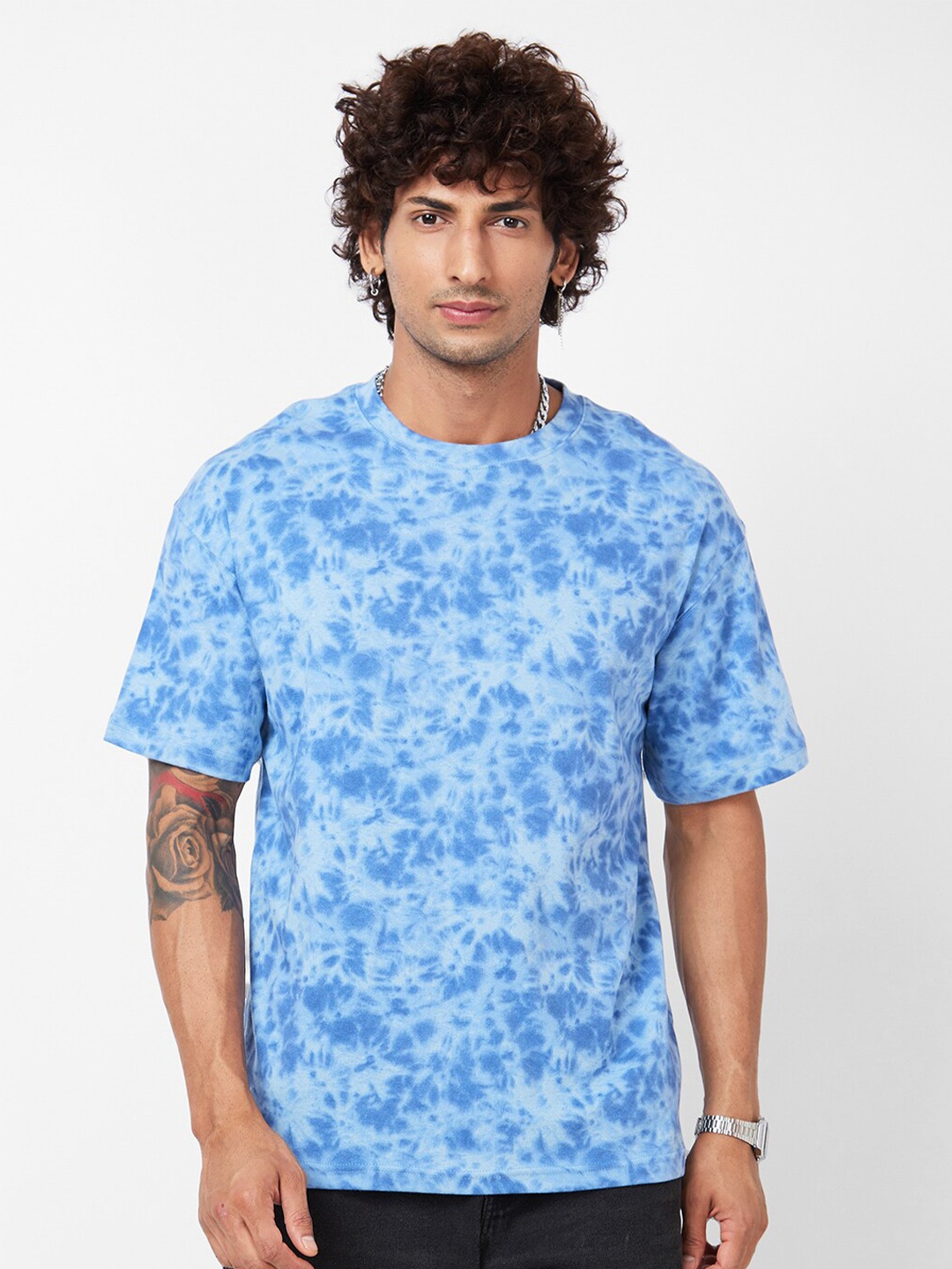 

VASTRADO Tie & Dye Drop Shoulder Sleeves Cotton Loose T-shirt, Blue