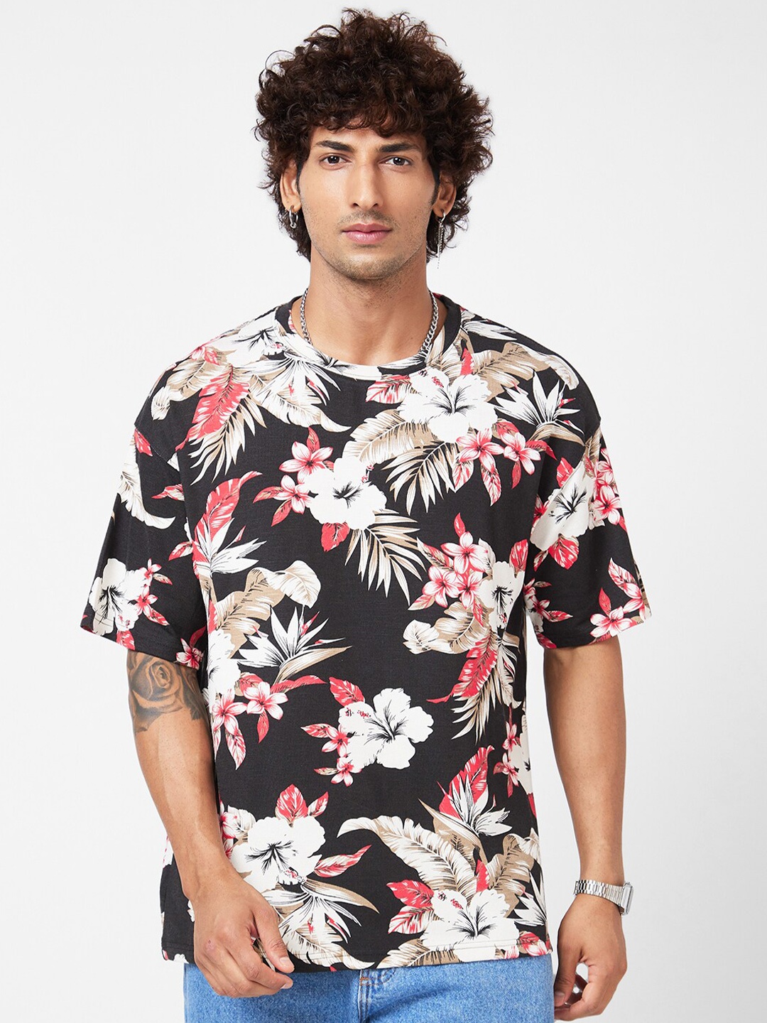 

VASTRADO Floral Printed Cotton T-Shirt, Black
