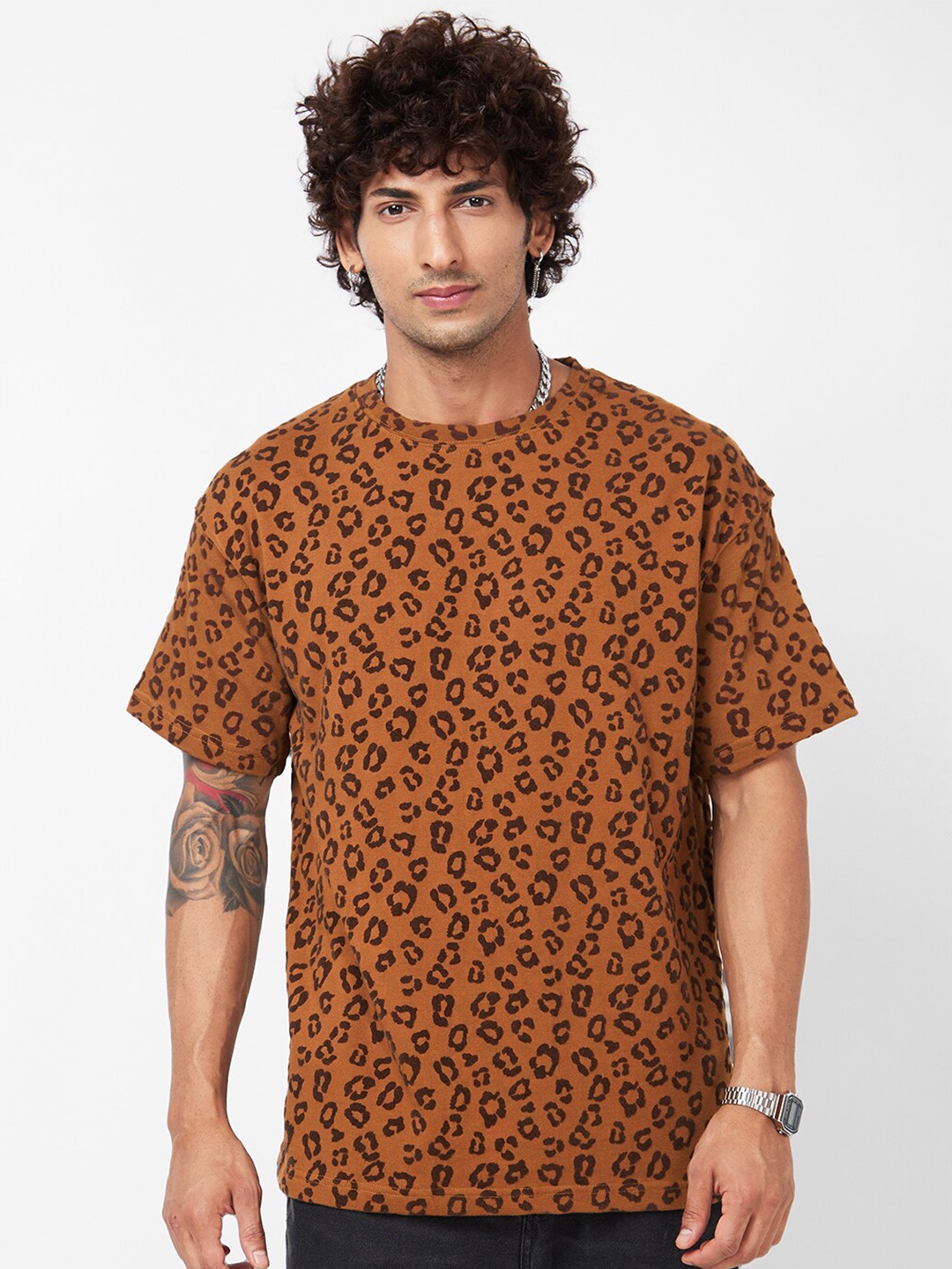 

VASTRADO Animal Printed Cotton T-Shirt, Brown