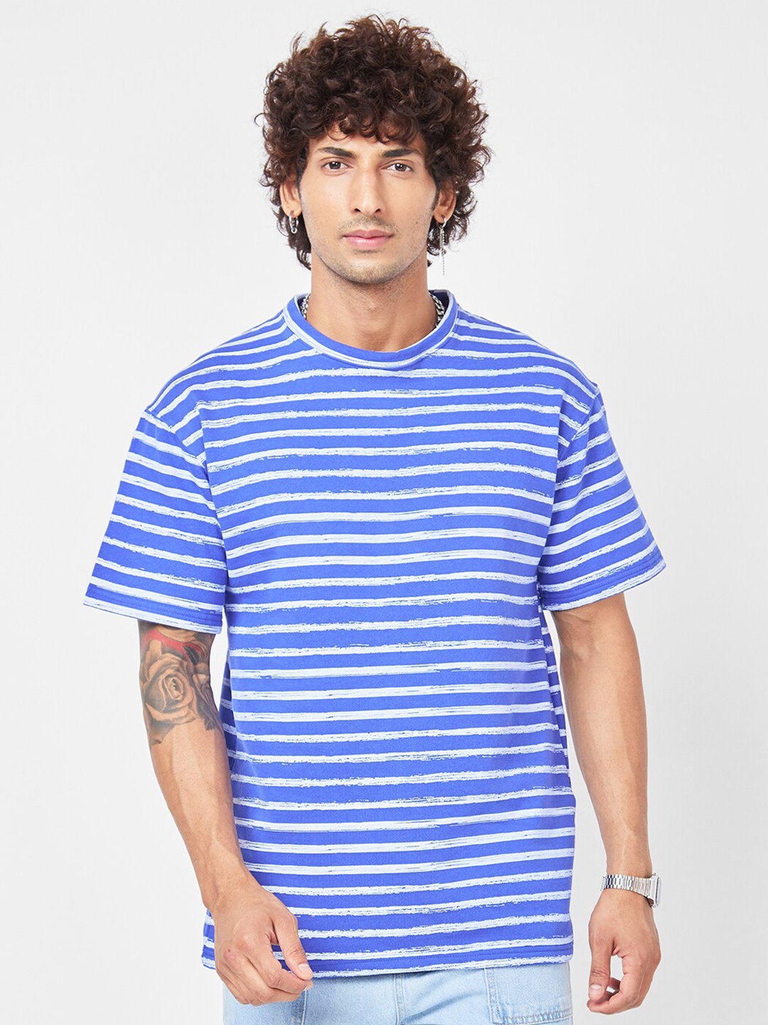 

VASTRADO Horizontal Striped Cotton T-Shirt, Blue