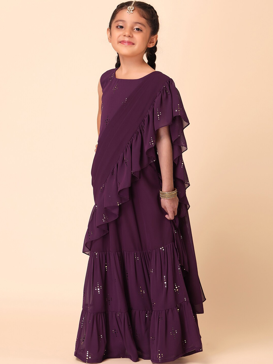 

Miss Indya Girls Embellished Ruffles Sequinned Poly Georgette Saree, Purple