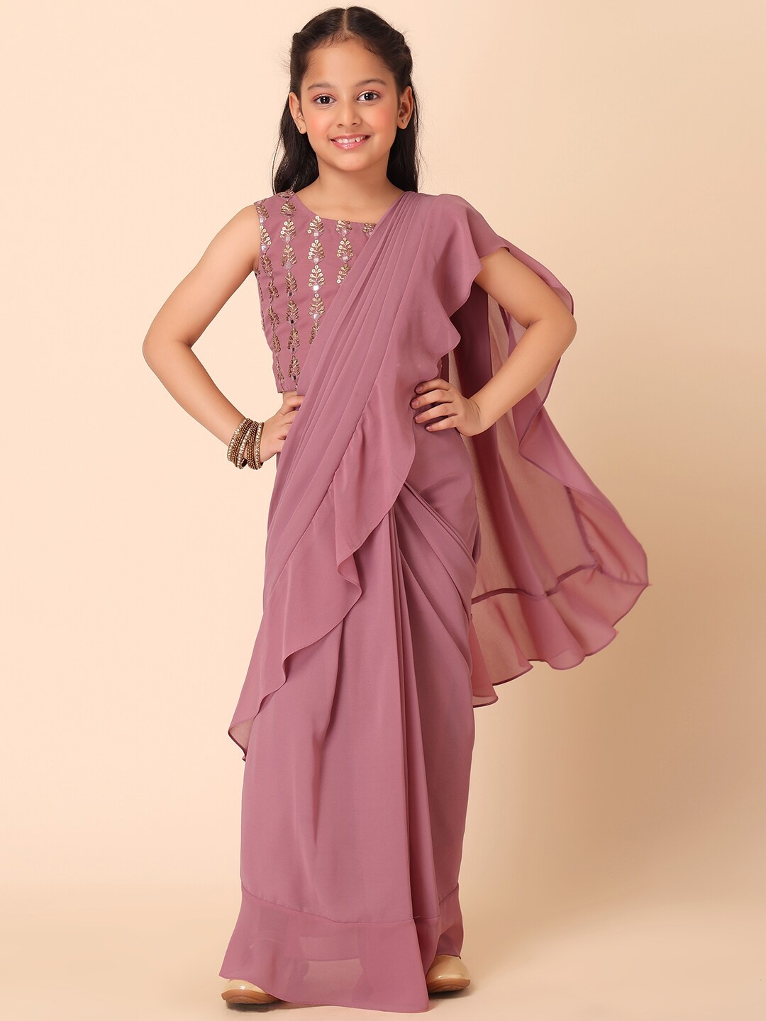 

Miss Indya Girls Embellished Ruffles Poly Georgette Saree, Pink