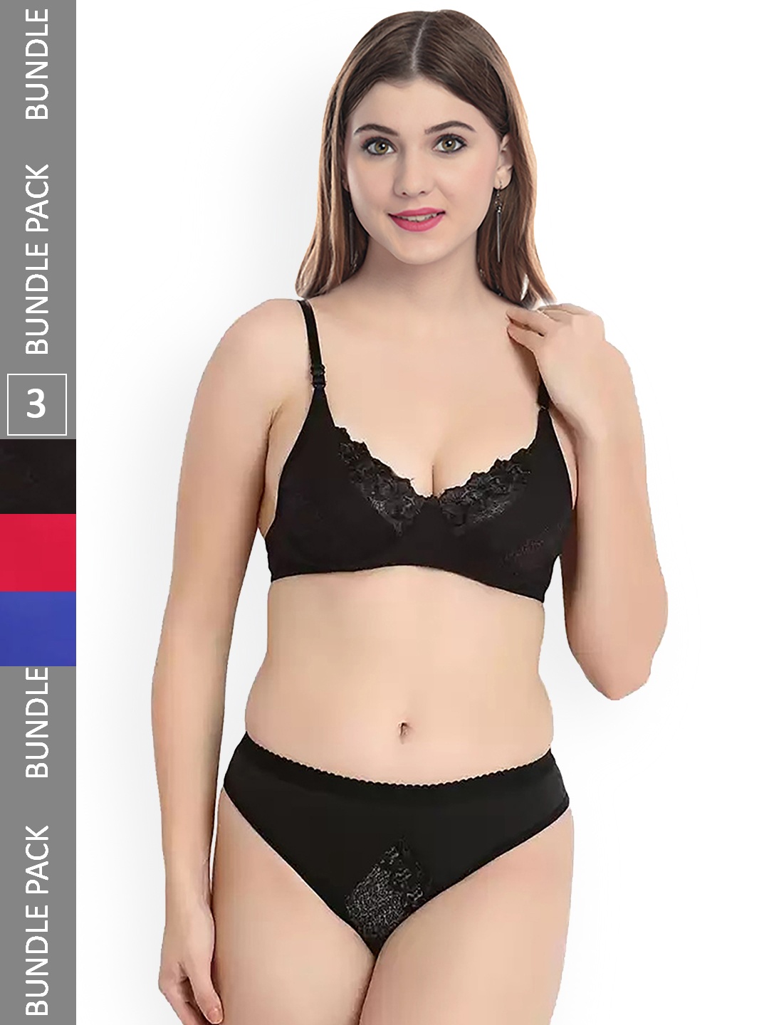 

PIBU Pack Of 3 Non Padded Cotton Lingerie Set, Black