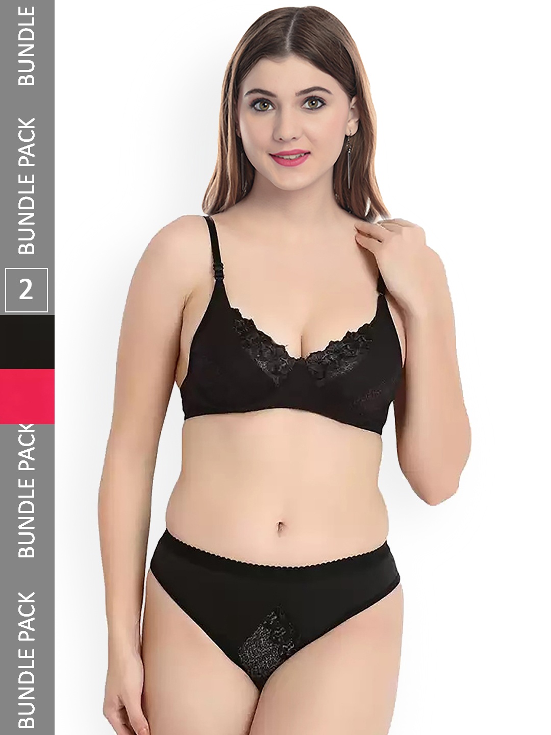 

PIBU Pack Of 2 Non Paded Cotton Lingerie Set, Black