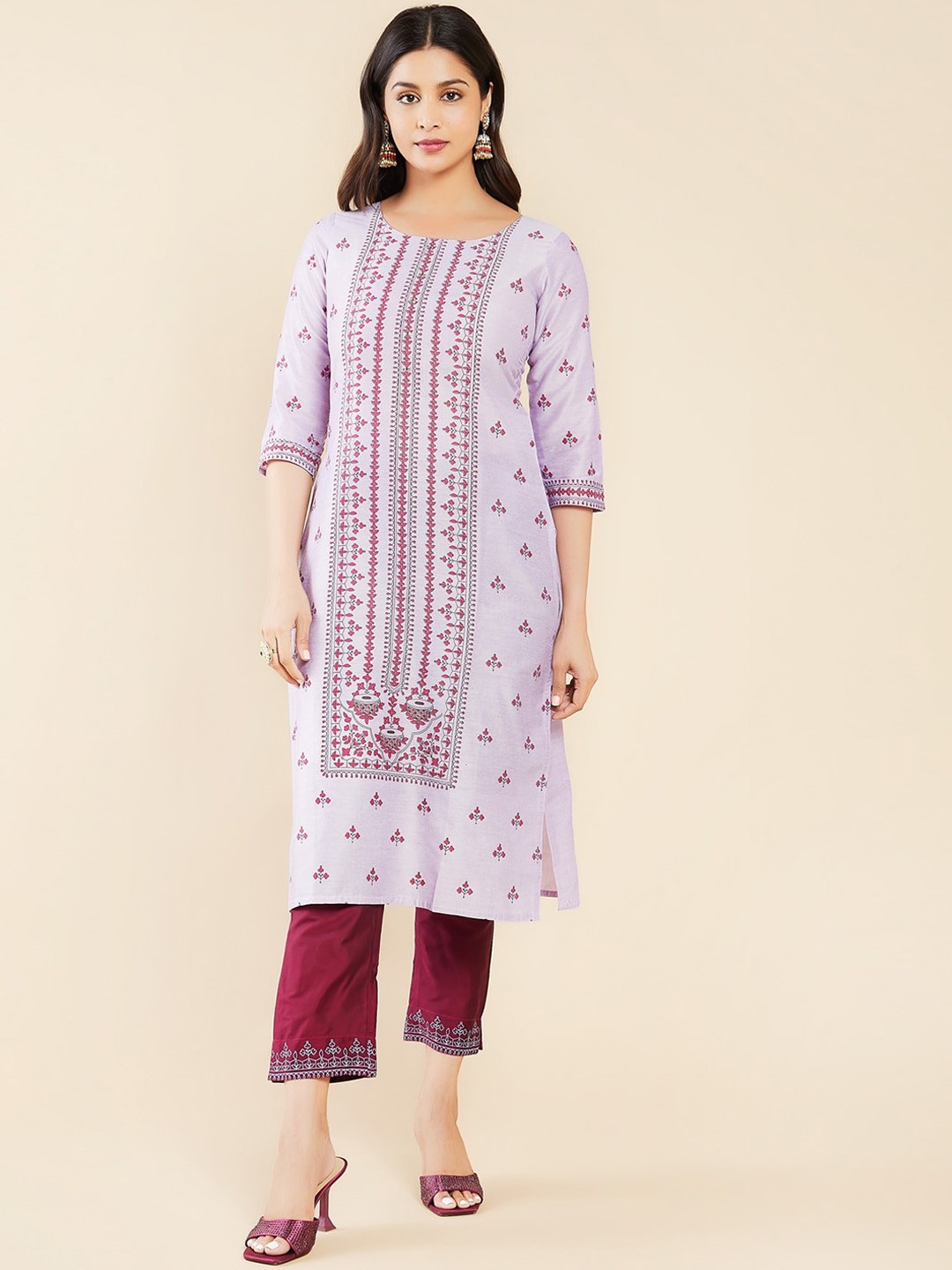 

Maybell Ethnic Motifs Printed Regular Chanderi Silk Straight Kurta with Trousers, Purple