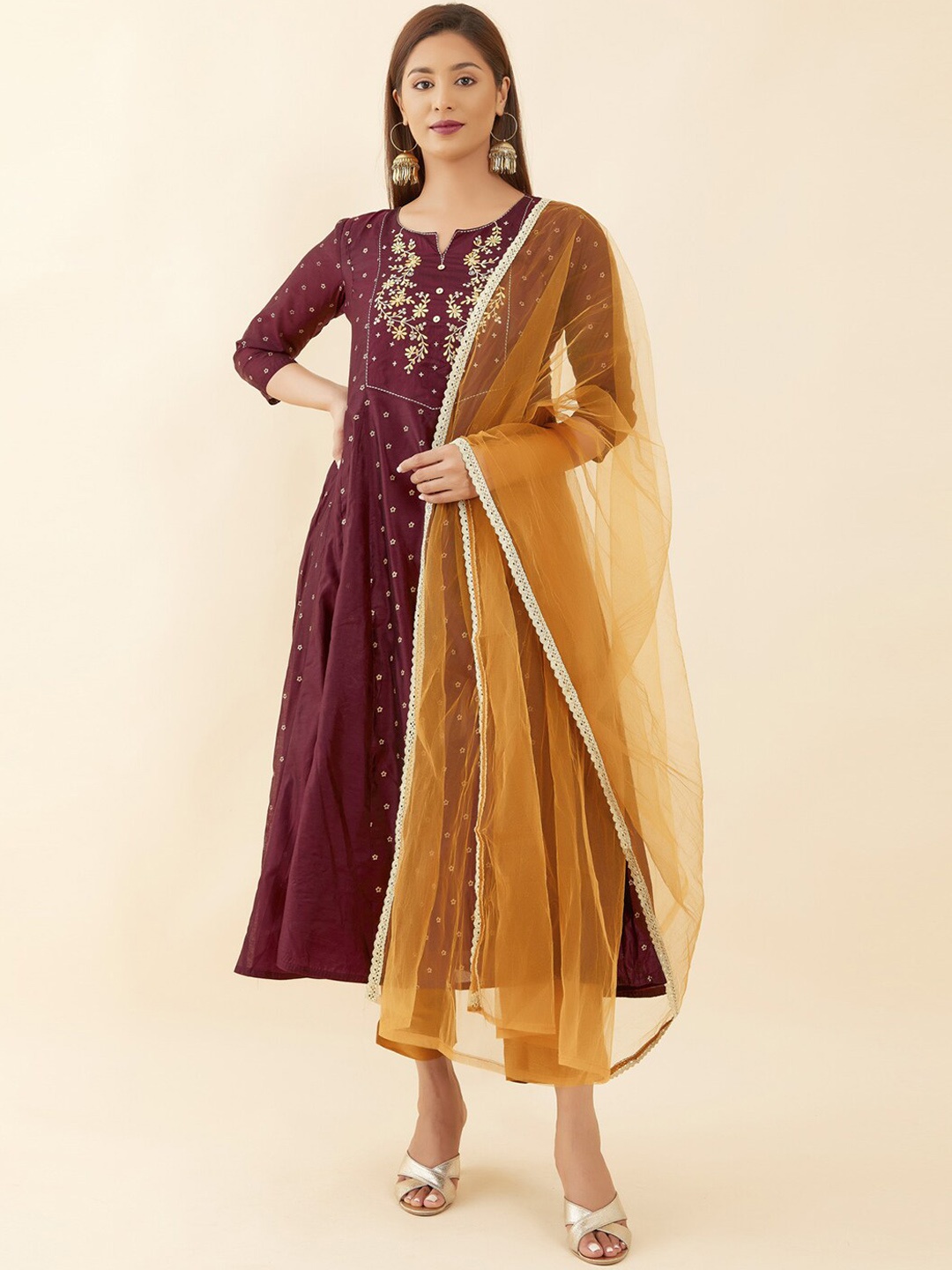 

Maybell Floral Printed Chanderi Silk Kurta with Trousers & Dupatta, Maroon
