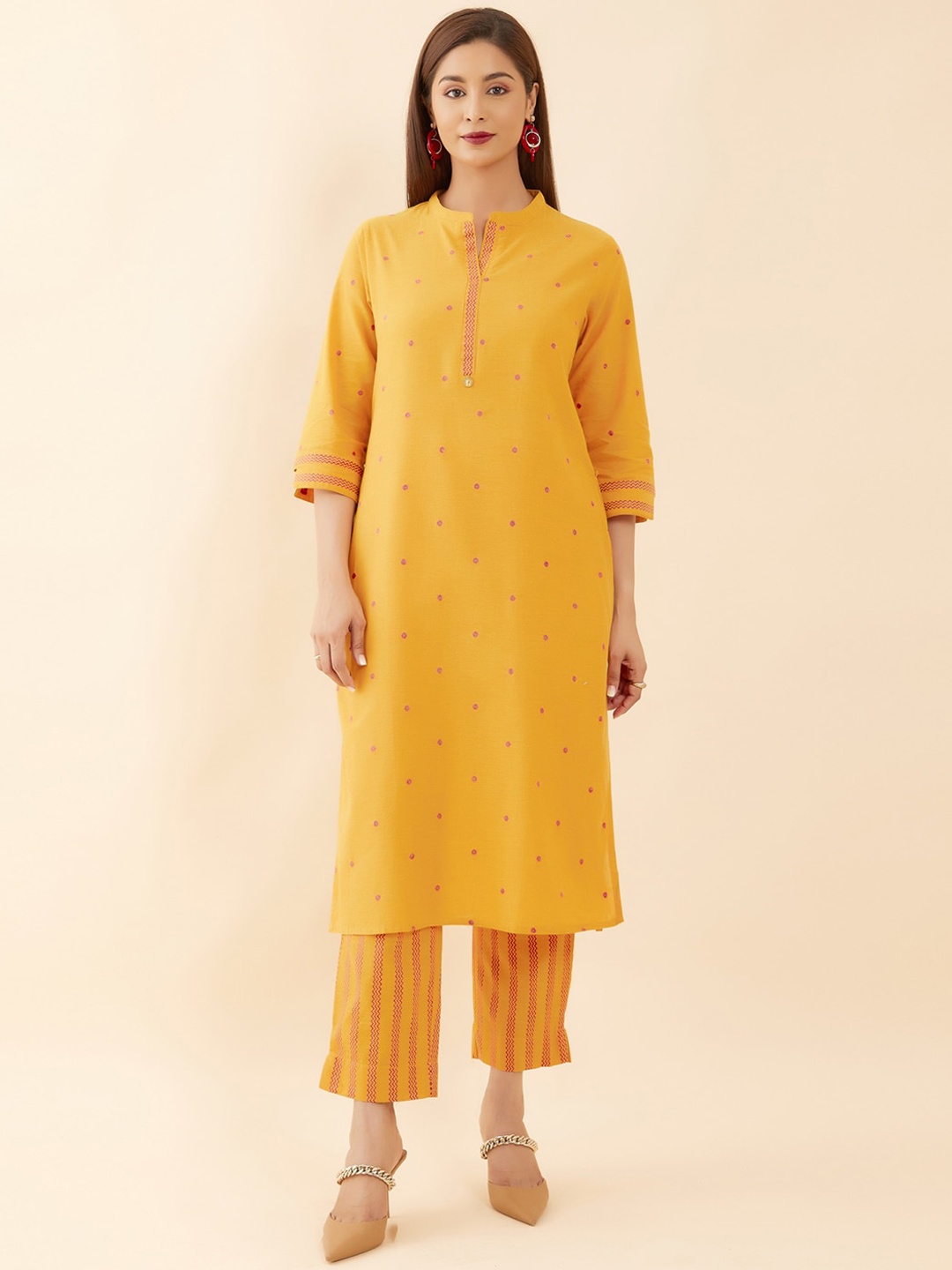 

Maybell Ethnic Motifs Pure Cotton Kurta with Trousers, Mustard