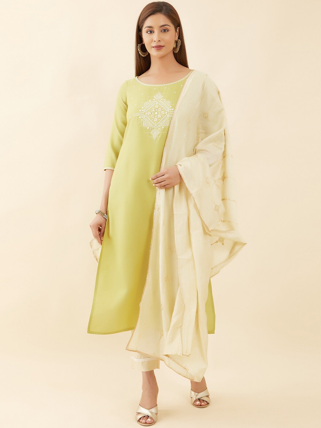 

Maybell Floral Embroidered Pure Cotton Kurta with Trousers & Dupatta, Green