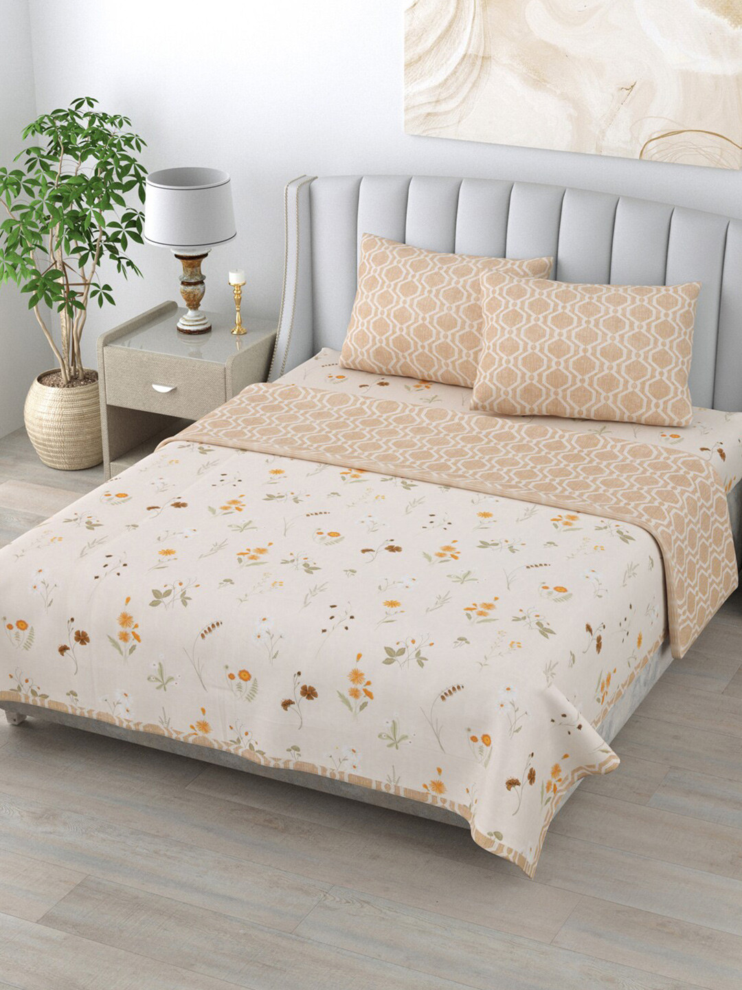 

Home Fresh Rosemary White AC Room 210 GSM Double Bed Dohar & Bedsheet with 2 Pillow Covers