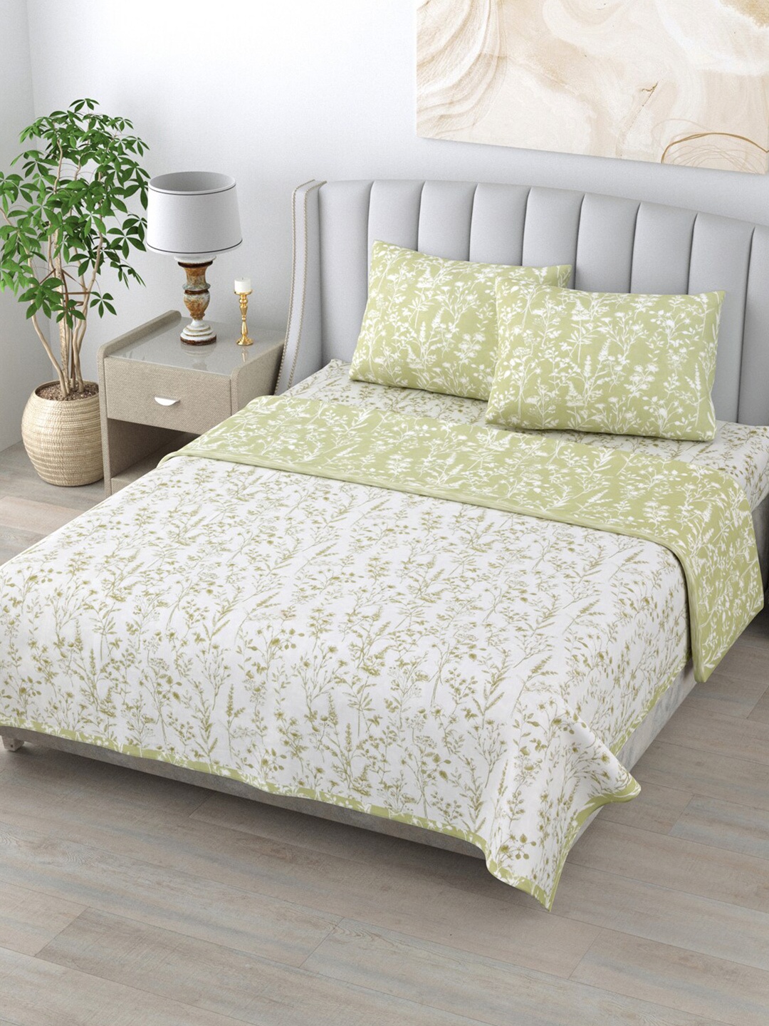 

Home Fresh Rosemary White AC Room 210 GSM Double Bed Dohar & Bedsheet with 2 Pillow Covers