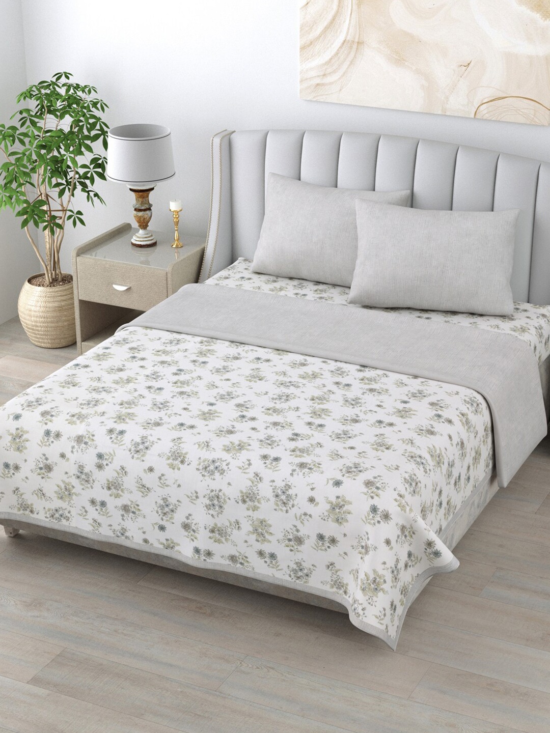 

Home Fresh White Printed 210 GSM Cotton Double King Reversible Dohar Set