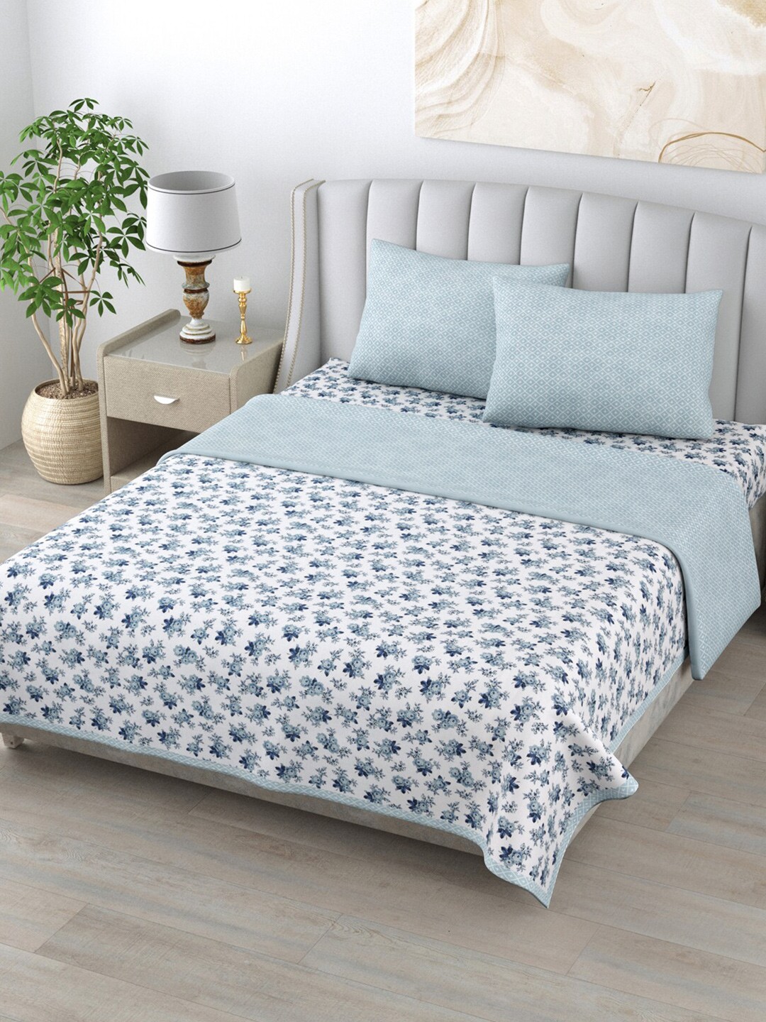 

Home Fresh Rosemary White & Blue Printed Pure Cotton Reversible Bedding Set