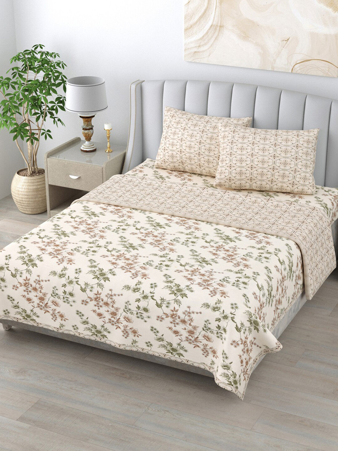 

Home Fresh Rosemary Beige & Green Printed Pure Cotton Reversible Bedding Set