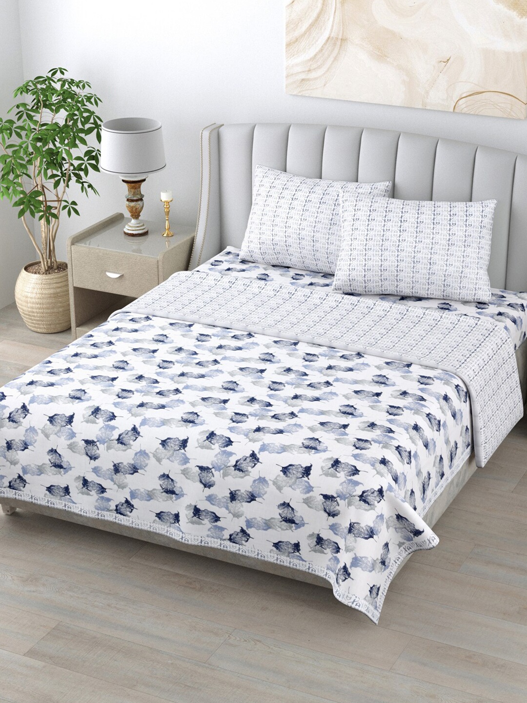 

Home Fresh Rosemary White & Blue Printed Pure Cotton Reversible Bedding Set