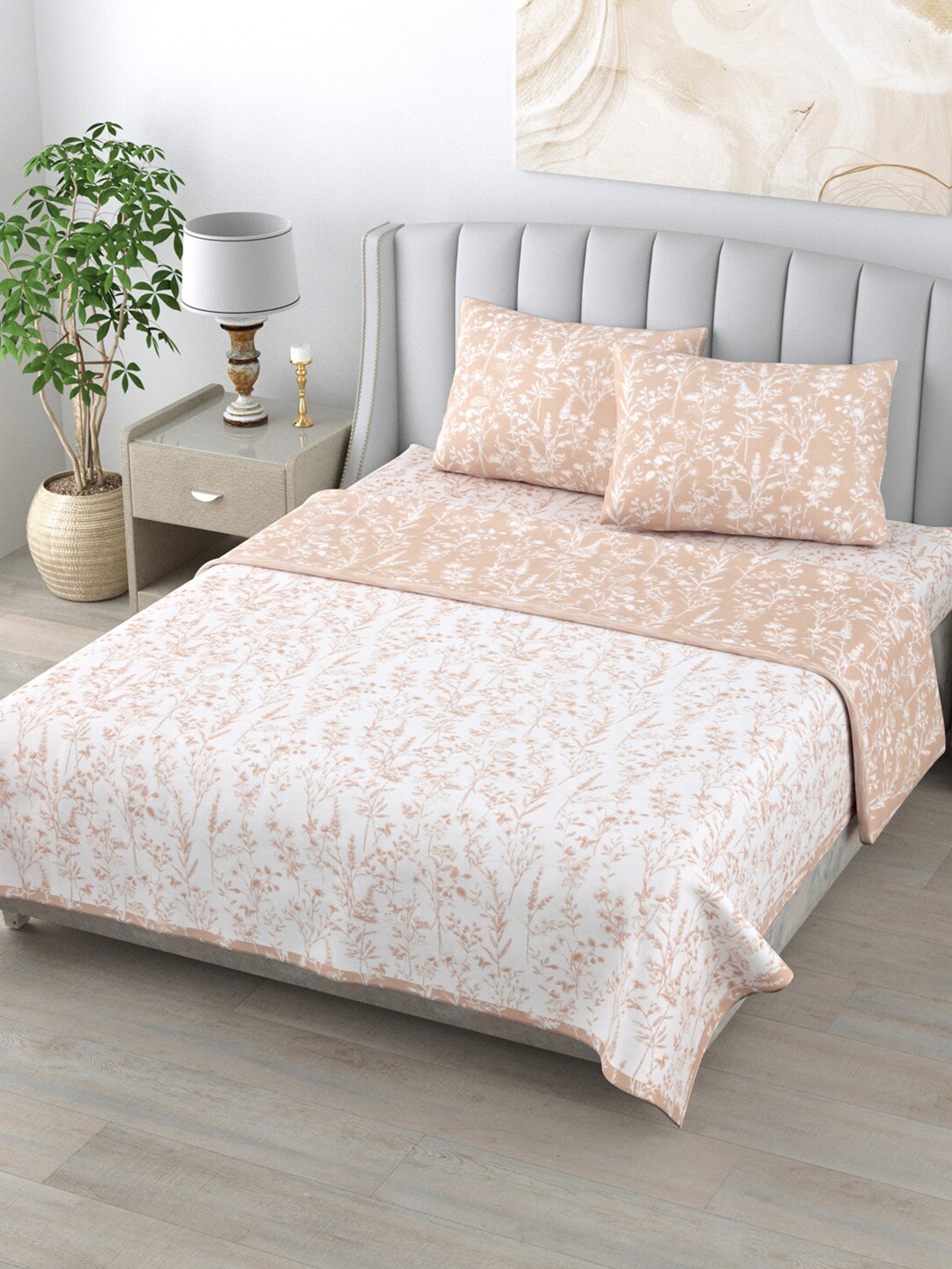 

Home Fresh Rosemary Peach-Colored Printed Pure Cotton Reversible Bedding Set