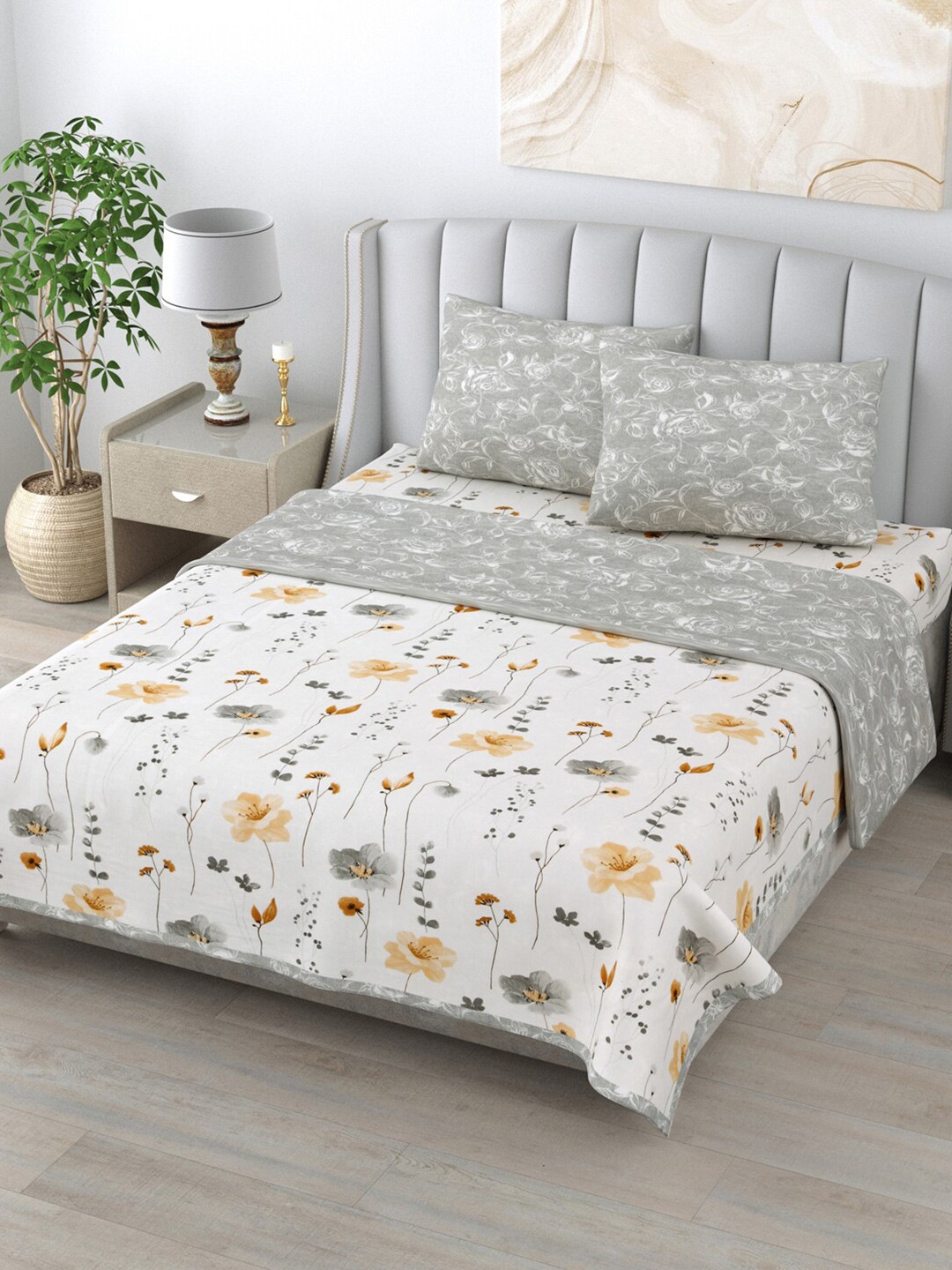 

Home Fresh Rosemary Grey & White Printed Pure Cotton Reversible Bedding Set