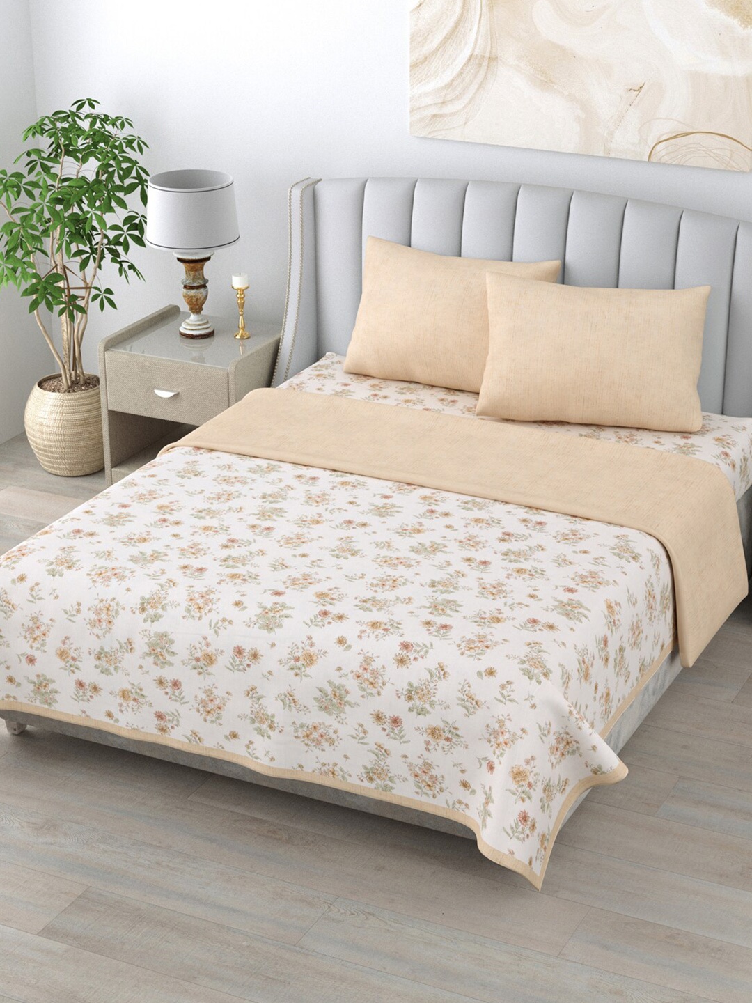 

Home Fresh Rosemary Peach-Colored Printed Pure Cotton Reversible Bedding Set