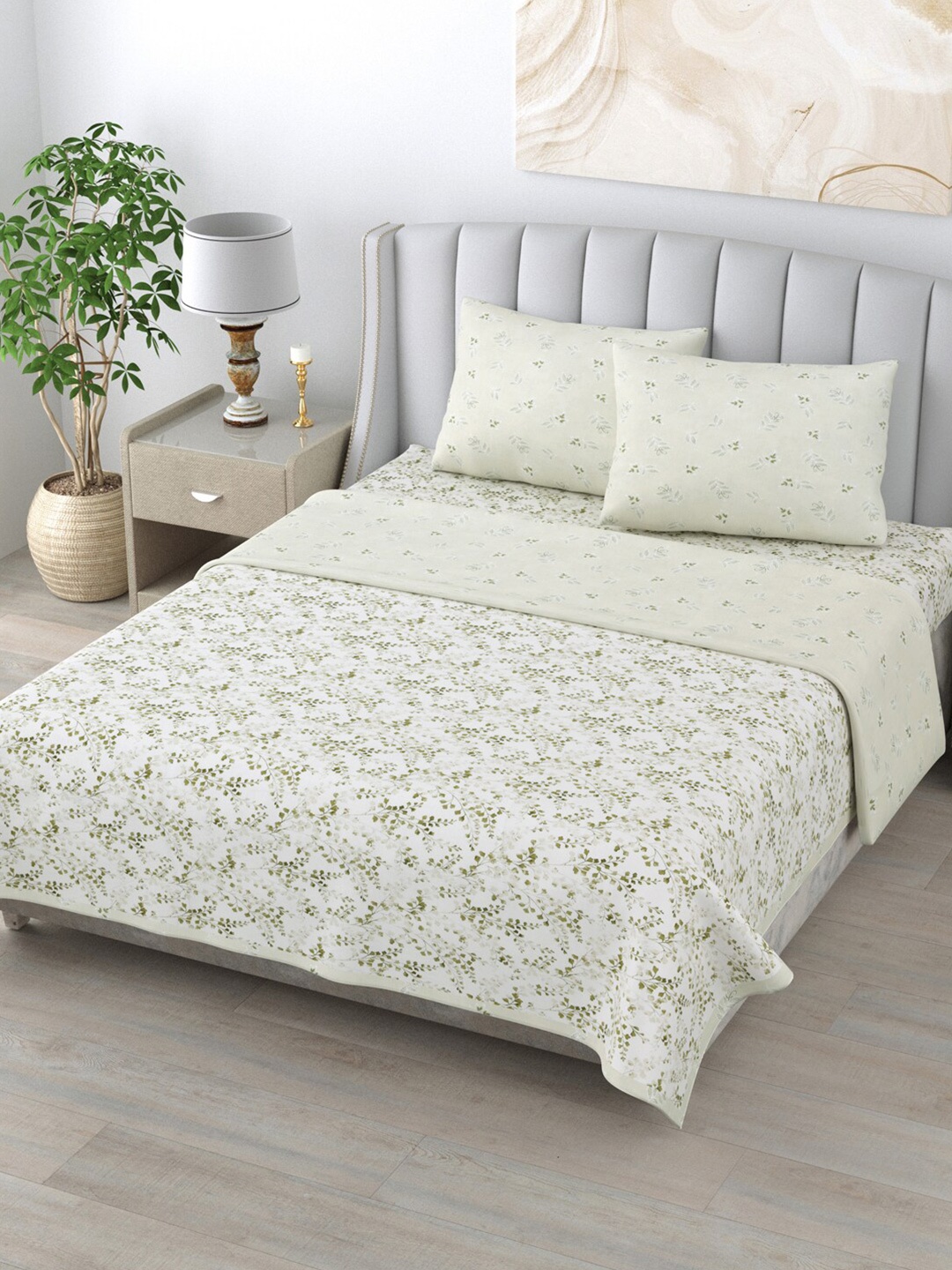 

Home Fresh Rosemary Light Green Printed Pure Cotton Reversible Bedding Set
