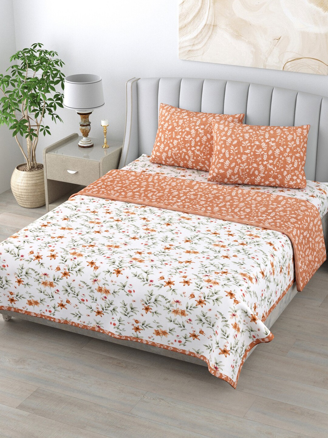 

Home Fresh Rosemary Peach-Colored 4-Pieces Printed Pure Cotton Reversible Bedding Set