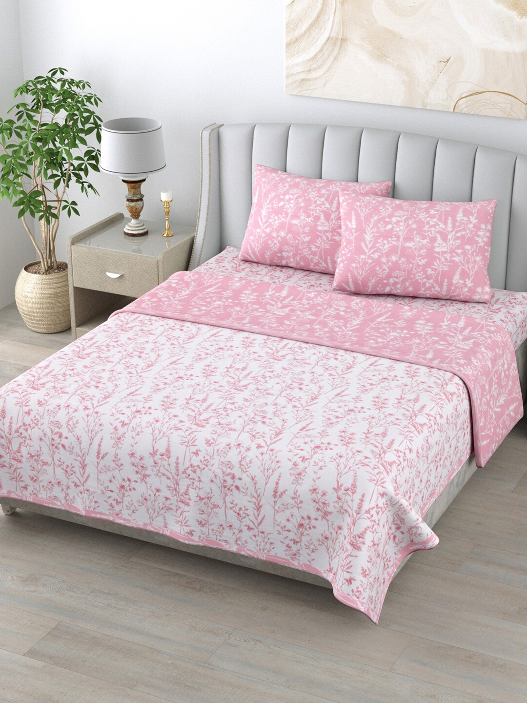 

Home Fresh Rosemary Pink & White 4-Pieces Printed Pure Cotton Reversible Bedding Set