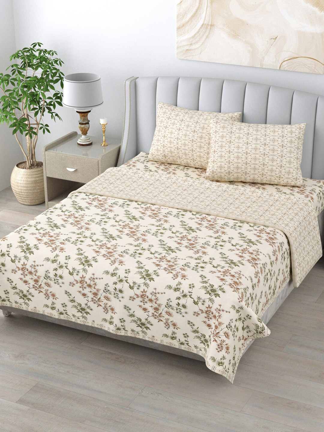 

Home Fresh Rosemary Beige & Green 4-Pieces Printed Pure Cotton Reversible Bedding Set