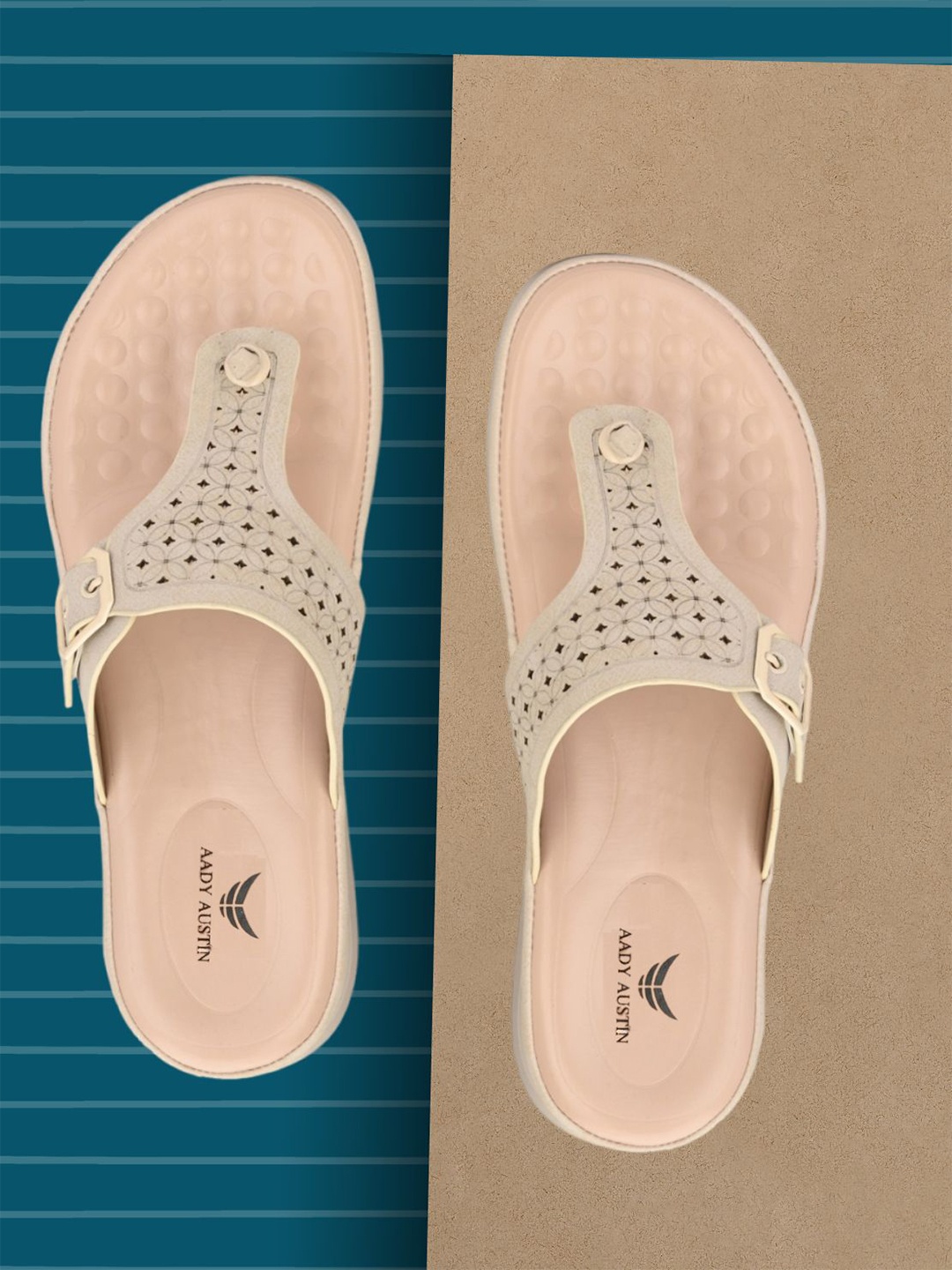 

AADY AUSTIN Textured Comfort Open Toe Flats With Buckle Detail & Laser Cuts, Beige