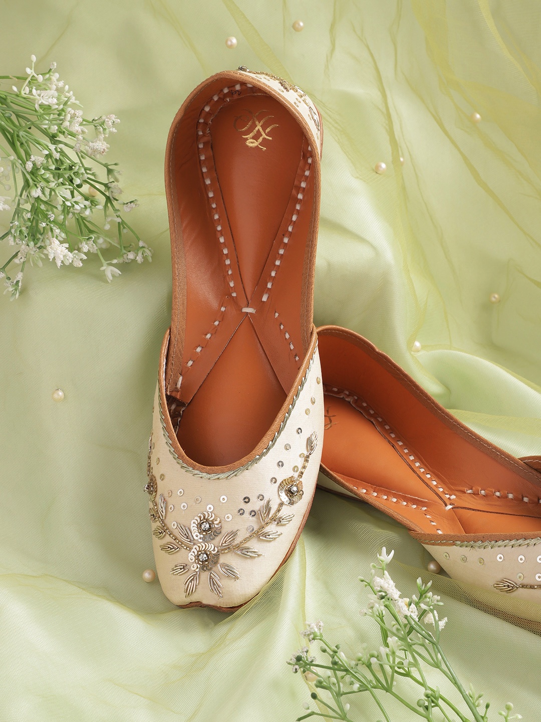 

House of Pataudi Women Embellished Mojaris, Beige