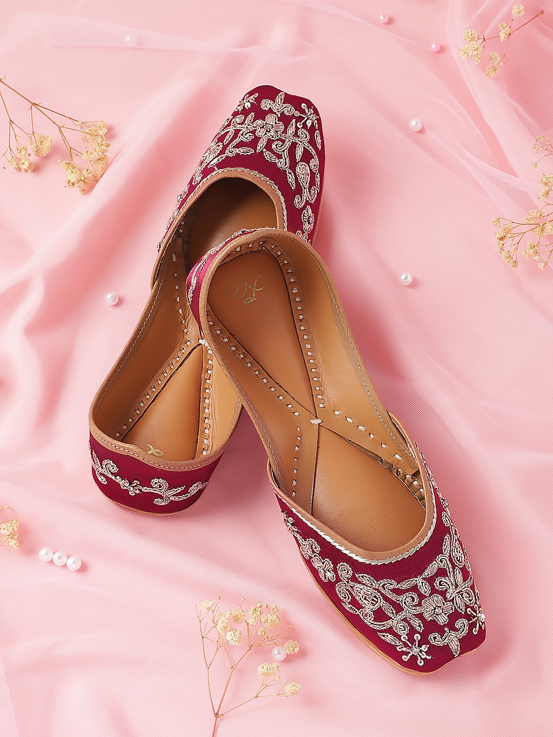 

House of Pataudi Women Embellished Embroidered Party Mojaris, Maroon