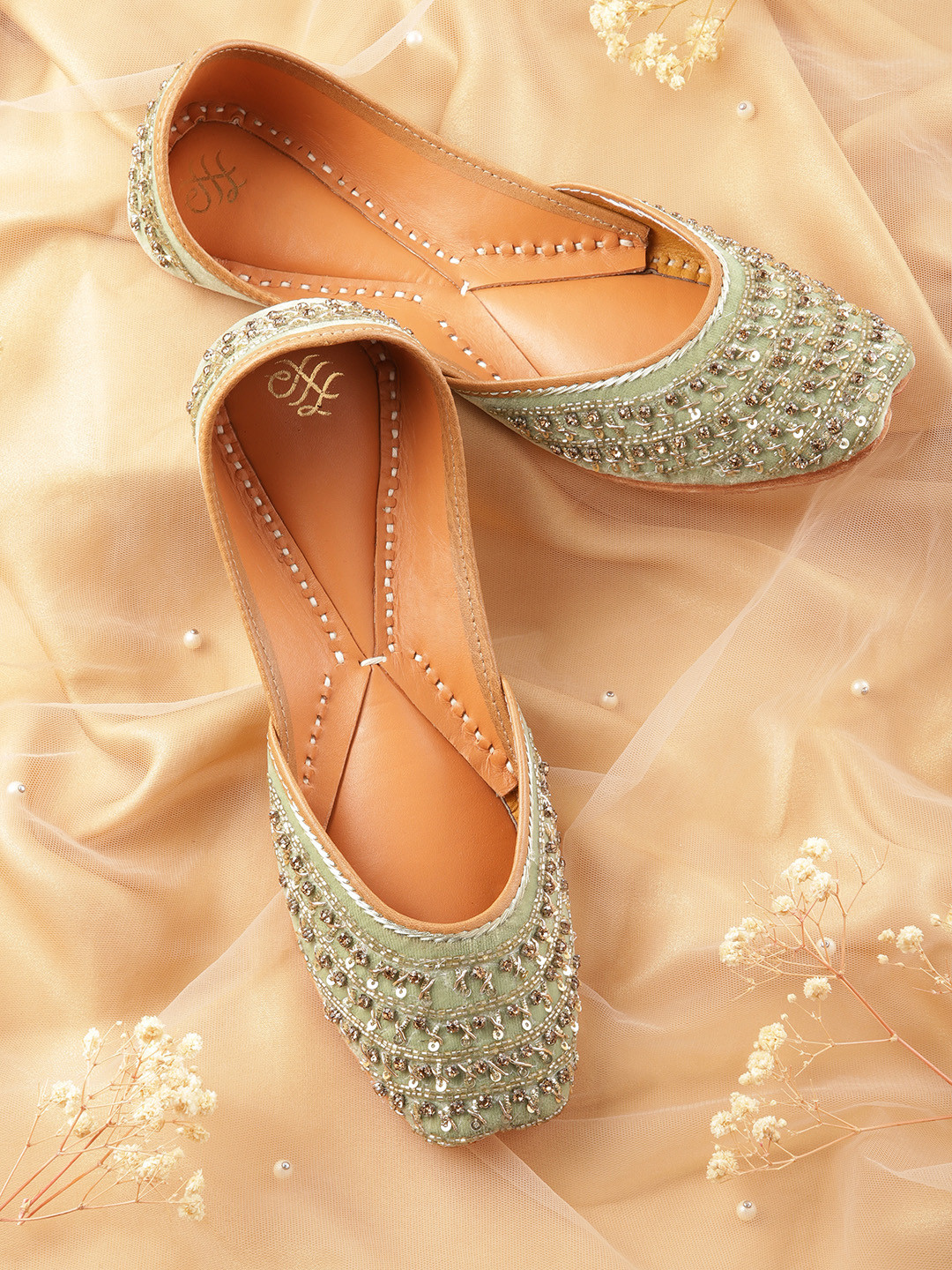 

House of Pataudi Women Embellished Party Mojaris, Green