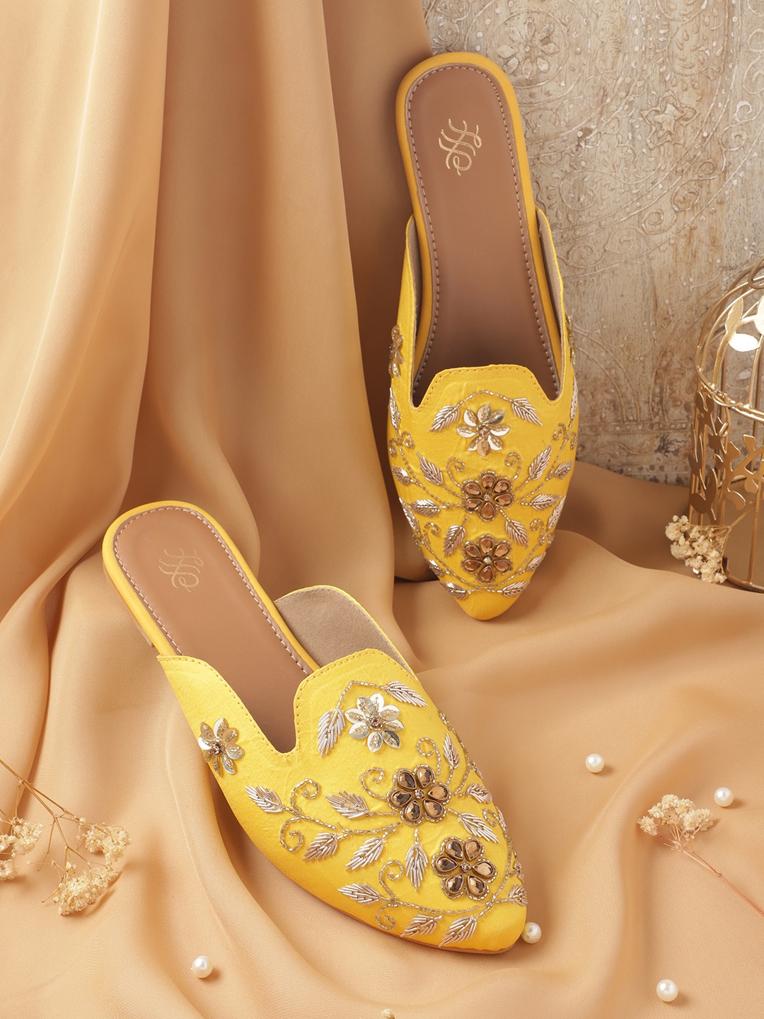 

House of Pataudi Women Embellished Ethnic Mules, Yellow