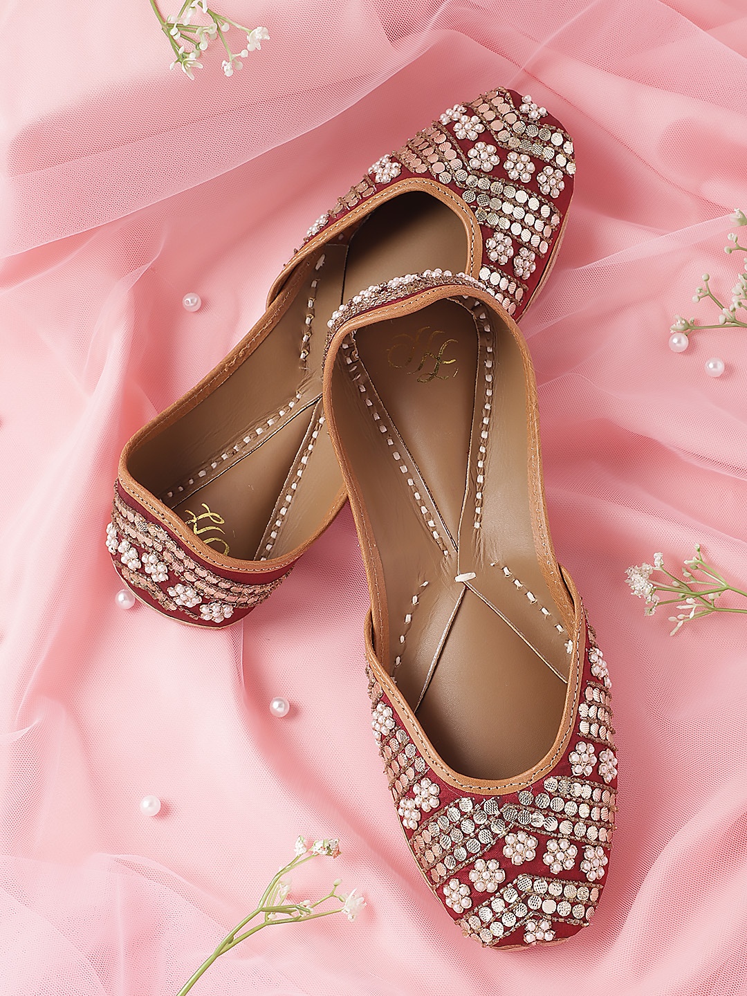 

House of Pataudi Women Embellished Party Mojaris, Maroon