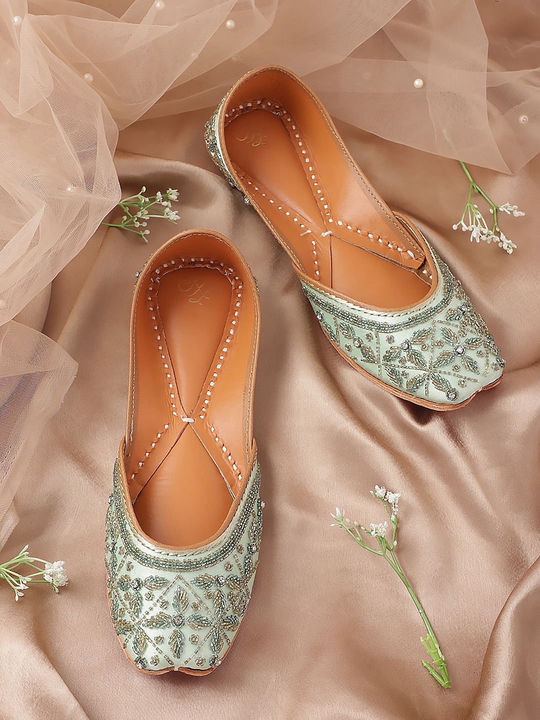 

House of Pataudi Women Embellished & Embroidered Ethnic Mojaris, Sea green