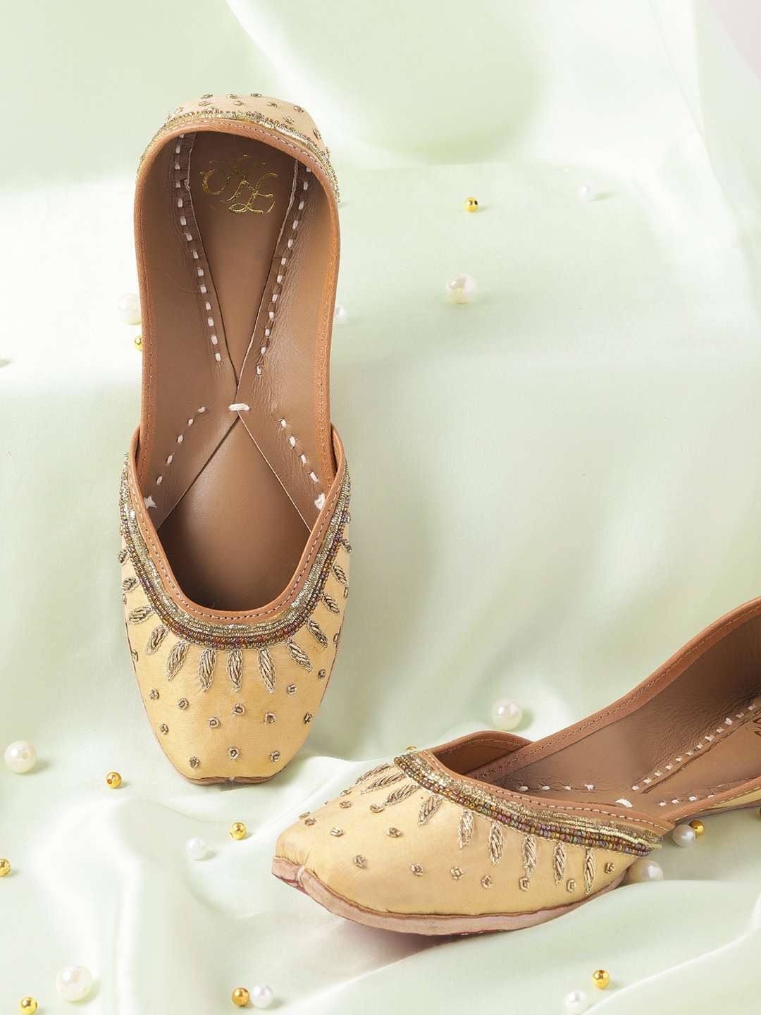 

House of Pataudi Ethnic Embellished Mojaris, Beige