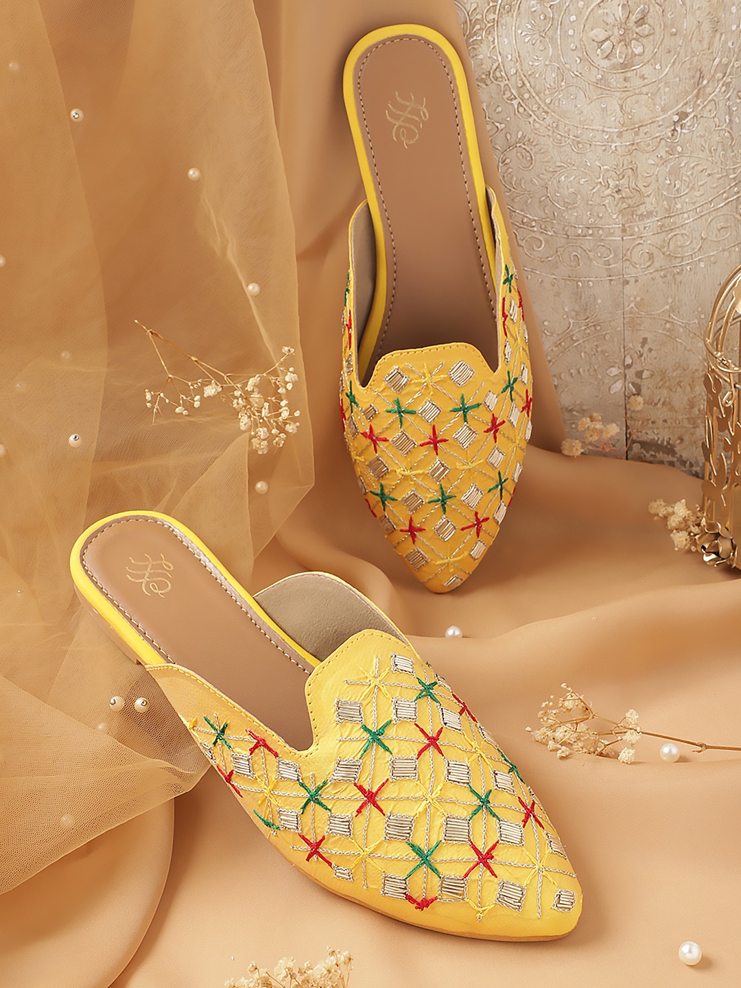 

House of Pataudi Women Woven Design Ethnic Mules, Yellow